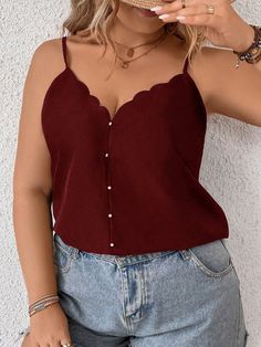 Plus Size Sleeveless Cami Top With Scallop Hem Burgundy Casual   Woven Fabric Plain Cami Non-Stretch  Women Plus Clothing, size features are:Bust: ,Length: ,Sleeve Length: Christmas Burgundy, Scallop Hem, Plus Size Tank Tops, Scalloped Hem, Tank Top Cami, Plus Clothing, All Fashion, Woven Fabric, Sleeveless Top