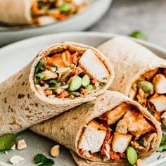 two burritos sitting on top of a white plate