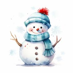 a watercolor painting of a snowman wearing a blue hat and scarf with his hands in the air