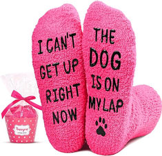 pink slippers with i can't get up the dog right is on my lap