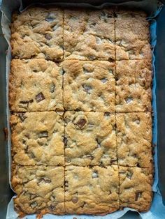 chocolate chip cookie bars in a baking pan