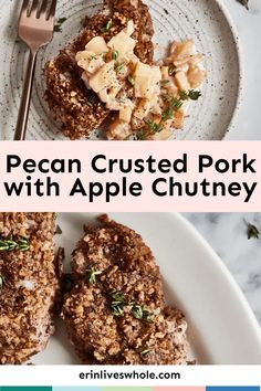 pecan crusted pork with apple chutney on a white plate next to a fork