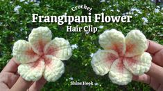 two crocheted flowers with the words franopant flower hair clip on them