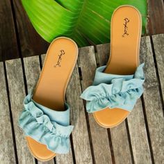 Denim Ruffle Slide Sandals. New In Box Summer Ruffle Open Toe Sandals, Summer Ruffled Open Toe Sandals, Denim Blue Sandals For Spring, Denim Blue Flat Sandals For Spring, Flat Denim Blue Sandals For Spring, Spring Denim Blue Flat Sandals, Slide Sandals, Slip On Sandal, Women's Shoes Sandals