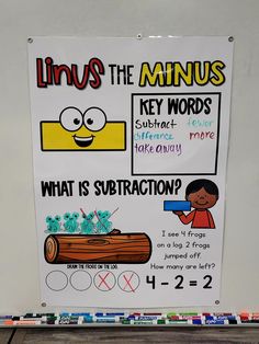 a bulletin board with instructions on how to subtract and write numbers in the same language