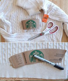 two pictures of scissors and starbucks clothing on a table next to the same pair of scissors