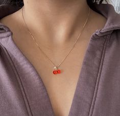 Cute red cherry simple dainty 18k gold plated necklace, elegant, chic, minimalist 18k Gold Plated Elegant Cherry Colored Necklace For Gift, Elegant Cherry Color Necklace For Gift, Simple Gold Necklace, Gold Necklace Simple, Necklace Elegant, Red Cherry, Simple Chic, Elegant Chic, Gold Plated Necklace