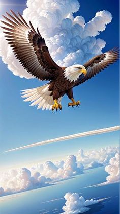 an eagle flying through the sky with clouds in the back ground and water below it