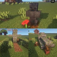 two different views of the same area in minecraft, one with a red flower