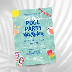 a birthday party flyer with beach items on it