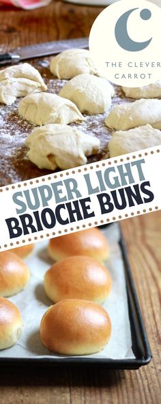 bread buns on a baking sheet with the title super light brioche buns