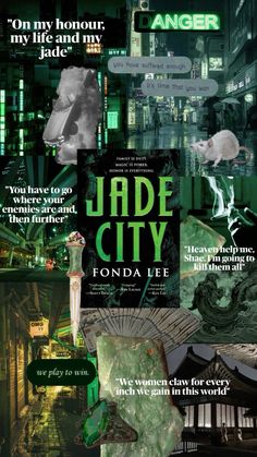 the cover to jade city by fonda lee, with green and black collages