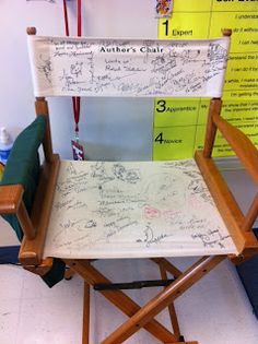 a chair with writing on it in front of a sign