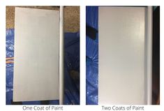 before and after pictures of white paint being applied on a door frame with blue tarps