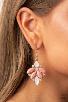 Infused with opal white rhinestones, glassy and acrylic Pale Rosette beads fan out into an elegantly ethereal frame. Earring attaches to a standard fishhook fitting.

 Sold as one pair of earrings. Pink Opal Earrings, Coral Earrings, Opal White, Fish Hook Earrings, Paparazzi Accessories, White Rhinestone, Opal Earrings, Paparazzi Jewelry, Pink Earrings