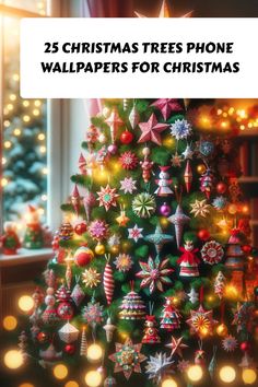 a christmas tree with lights around it and the words 25 christmas trees phone wallpapers for