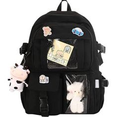 Package Include:1x Kawaii Backpack(3pcs Pins,1 Pcs Bear Pendant,1 Pcs Cow Pendant,As The Main Picture Shows).,All Accessories Removable & Diy Kawaii Aesthetic Backpack School Bag With Large Capacity,43*31*13 Cm/17.3*12.2*5.14 Inch,2 Side Pockets,3 Front Pockets,1 Back Zipper Pocket. Padded Back Panel And Adjustable Shoulder Straps, You Can Adjust Its Length To Suit Your Height And Body Construction,Provide Good Shoulder Protection. High Density Waterproof Nylon Fabric,Sturdy,Durable,Easy To Clea Backpack With Pins, Black School Bags, Cute School Bags, Pin Accessories, Stylish School Bags, Kawaii Bag, Aesthetic Backpack, Kawaii Backpack, Daypack Backpack