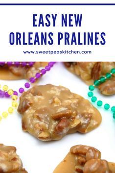 easy new orleans pralies recipe with nuts and mardi gras beads on the side