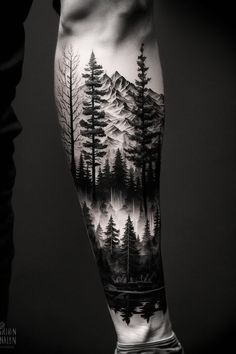 Tattoo Ideas For Men Army Forearm Tattoo Men, Lake Forrest Tattoo, Tree Scene Tattoo, Nature Sleeve Tattoo For Men, Mountain Forest Tattoo, Coverup Tattoo Design For Man, Forest Sleeve Tattoo