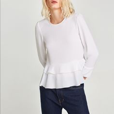 Zara Frilled Top In Winter White. Sz M, Nwt. Perfect For A Great Pair Of Jeans! Zara Lace Top, Embellished Hoodie, Mesh Long Sleeve Top, Frill Tops, Leather Shirt, Women Long Sleeve Tops, Short Sleeve Cropped Top, Mesh Long Sleeve, Zara Woman