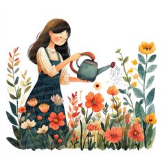 a painting of a girl watering flowers with a watering can in the foreground and an orange flowered bush behind her