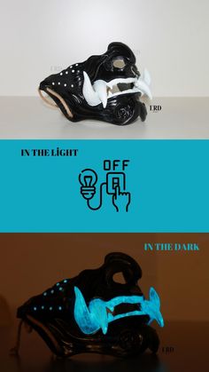 two different types of shoes with the words in the light and off in the dark