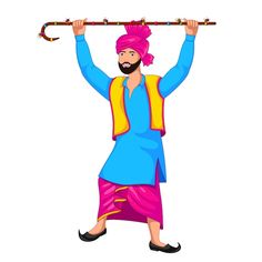 a man with a stick in his hand and wearing a pink turban on top