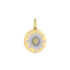 This round pendant features the flower Cupid's Dart, a love potion ingredient used in ancient civilizations. A natural yellow diamond sparkles at the center. 18k yellow gold, brushed satin finish, polished edges. 1 Yellow Diamond. (.026 ctw) Bluish lavender that deepens towards the center stone. Enamel colors may vary slightly from piece to piece. This is simply the nature of handmade jewelry and the vitreous enamel process. Pendant (including bail) is approximately 22mm long (just over 3/4 inch Luxury Round Jewelry With Flower Charm, Yellow Gold Enamel Jewelry With Flower Charm, Yellow Gold Round Pendant With Flower Charm, Yellow Gold Enamel Flower Pendant Jewelry, Vitreous Enamel, Ring Pendant Necklace, Dart, Color Ring, Round Pendant