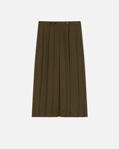 Ankle-length skirt in flowing stretch viscose-blend fabric with two slits and pleating at the front. The utility-workwear inspiration behind this skirt is accentuated by the waist buttons and two small rear welt pockets. Pleated Midi-length Workwear Bottoms, Daywear Midi Skirt With Pleated Waist, Daywear Pleated Waist Midi Skirt, Daywear Relaxed Pleated Skirt, Daywear Pleated Skirt With Relaxed Fit, Workwear Flared Pleated Skirt With Box Pleat, Daywear Pleated Waist Relaxed Skirt, Flared Pleated Skirt With Box Pleat For Work, Pleated Draped Flared Skirt For Work