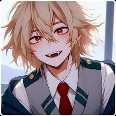 an anime character with red eyes and blonde hair wearing a suit, smiling at the camera