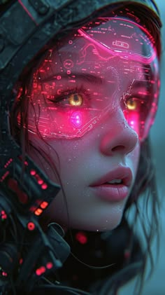 a woman with glowing red eyes and futuristic headgear is staring into the distance