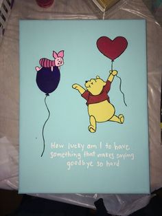 a winnie the pooh birthday card with a heart balloon and piggy on it