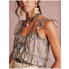 Szane Alban Top, Blue Brown Paisley Print, Fr46/Us14 - New With Tags - Color: Blue/Brown - Gathered Ruffles On The Straps And On The Bust - Front Buttoned Placket - V-Neckline At The Front - Squared Back - 100% Cotton Approx. Measurements: - Size: Fr46 = Us 14 - Bust: 44” - Length: 25” Actual Item For Sale Is Pictured Using A Mannequin. For Sizing Reference, Our Mannequin’s Measurements: Shoulder: 17” | Bust: 35.5” | Waist: 26.5” | Hips: 38.5” | Height: 5’11 Chic Paisley Print Top For Day Out, Chic Tops With Boho Print For Summer, Summer Paisley Print Blouse For Day Out, Chic Summer Blouse With Boho Print, Chic Boho Print Blouse For Summer, Chic Boho Print Summer Blouse, Chic Summer Boho Print Blouse, Feminine Summer Tops With Boho Print, Chic Paisley Print Blouse For The Beach