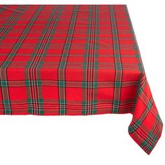 a red plaid tablecloth with green and white designs on the edges is shown in front of a white background