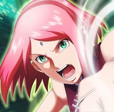 an anime character with pink hair and green eyes