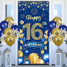 a blue and gold happy 16th birthday party door decoration with balloons, streamers and presents