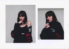 two pictures of a woman with black hair and tattoos on her arms, wearing a black sweater