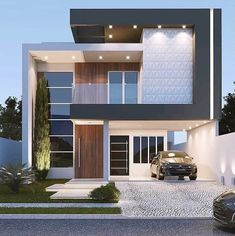 a car is parked in front of a modern house