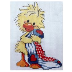 a cross stitch pattern of a chicken holding a sock