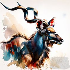 an animal with long horns is painted in watercolor and has red, white, and blue colors