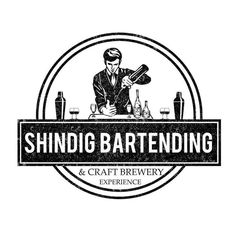 the logo for shindig bartending and craft brewery, with a man pouring wine