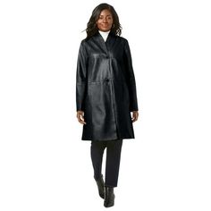 Jessica London Women's Plus Size Leather Swing Coat Leather Jacket.Casual, collarless genuine leather style in a flattering trapeze silhouette perfect for easy, everyday style. Fully lined. 40" length; hits mid thigh Genuine leather Professional leather cleanImported Style & Fit Tips: Complete your look with this stylish and sophisticated genuine leather swing coat. The flattering trapeze silhouette eases over everything from tunics and tees to blouses and cable knit sweaters. The longer length Plus Size Leather Jacket, Plus Size Leather, Trapeze Silhouette, Plus Size Coats, Ladies Of London, Sweater Tank Top, Swimsuits For All, Leather Style, New Tops