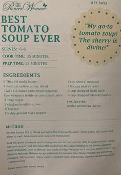 the menu for best tomato soup ever is shown in green and gold lettering on white paper