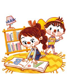 a drawing of two children reading books in front of a book shelf with an open book on the floor