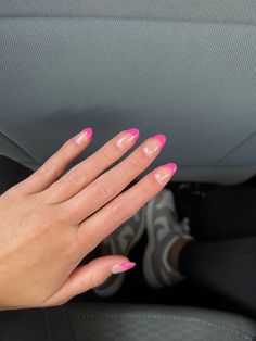 Pink Colored French Tip Nails, Pink Tip Acrylics, Nails Acrylic Short Pink French Tips, Bright French Tips Almond, Fuchsia French Tip Nails, Pink Almond Tip Nails, Nails For Bright Pink Dress, French Tip With Pink Line, Barbie Pink French Tip Nails Short