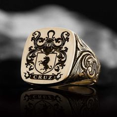 "❥Please Attention! If you reside in the U.S. , your products will be shipped from U.S. , If you reside in a country other than U.S. , your products will be shipped from Turkey. 925 Sterling Silver Family Crest Rings, Coat of Arms Signet Ring, Crest Ring, Family Rings, Family Crest Signet Ring, Custom Signet Ring, Personalized Jewelry ❥ Family Ring symbolize the glory and honor of our ancestors. We manufacture your family crest rings using high technology with diligence so that you can pass them Custom Engraved 14k Gold Jewelry, Luxury Adjustable Signet Ring With Polished Finish, Luxury Collectible Rings With Engraving Option, Custom Formal Rings With Polished Finish, Luxury Collectible Jewelry With Engraving Option, Custom Yellow Gold Rings, Custom Hallmarked Signet Ring For Wedding, Custom Engraved Signet Ring For Formal Occasions, Custom Formal Jewelry With Engraving Option