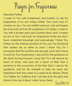 a prayer card with the words prayer for forgiveness