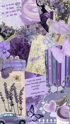 a collage with purple flowers, books and butterflies