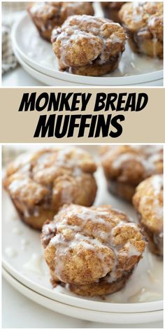 two pictures of cinnamon muffins on a white plate with the words monkey bread muffins above them