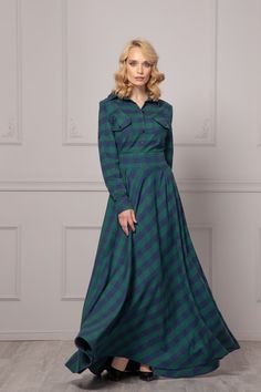 Green & Blue Tartan Plaid Vintage Style Dress, Edwardian Walking Prairie Dress, Scottish Buffalo Plaid Dress, Cottagecore Evening Gown Dress - Etsy Long Sleeve Plaid Cotton Dress For Fall, Long Sleeve Cotton Plaid Dress For Fall, Plaid Cotton Dress For Winter, Plaid Cotton Dress With Buttons, Edwardian Walking Dress, Mid Century Modern Dress, Scottish Dress, Buffalo Plaid Dress, Walking Dress